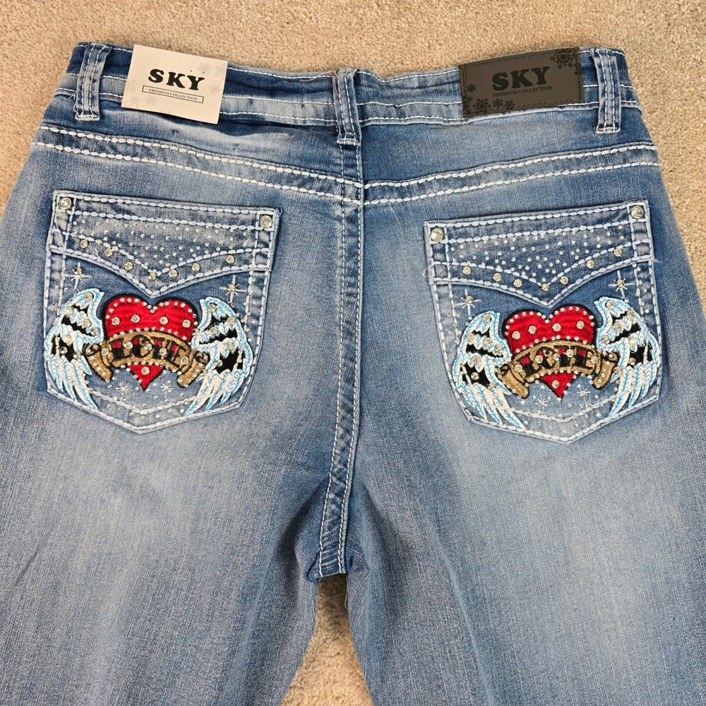 Sky Premium Collection Jeans 15/32 Stone Embellished Bootcut Angel Wings‎ Heart